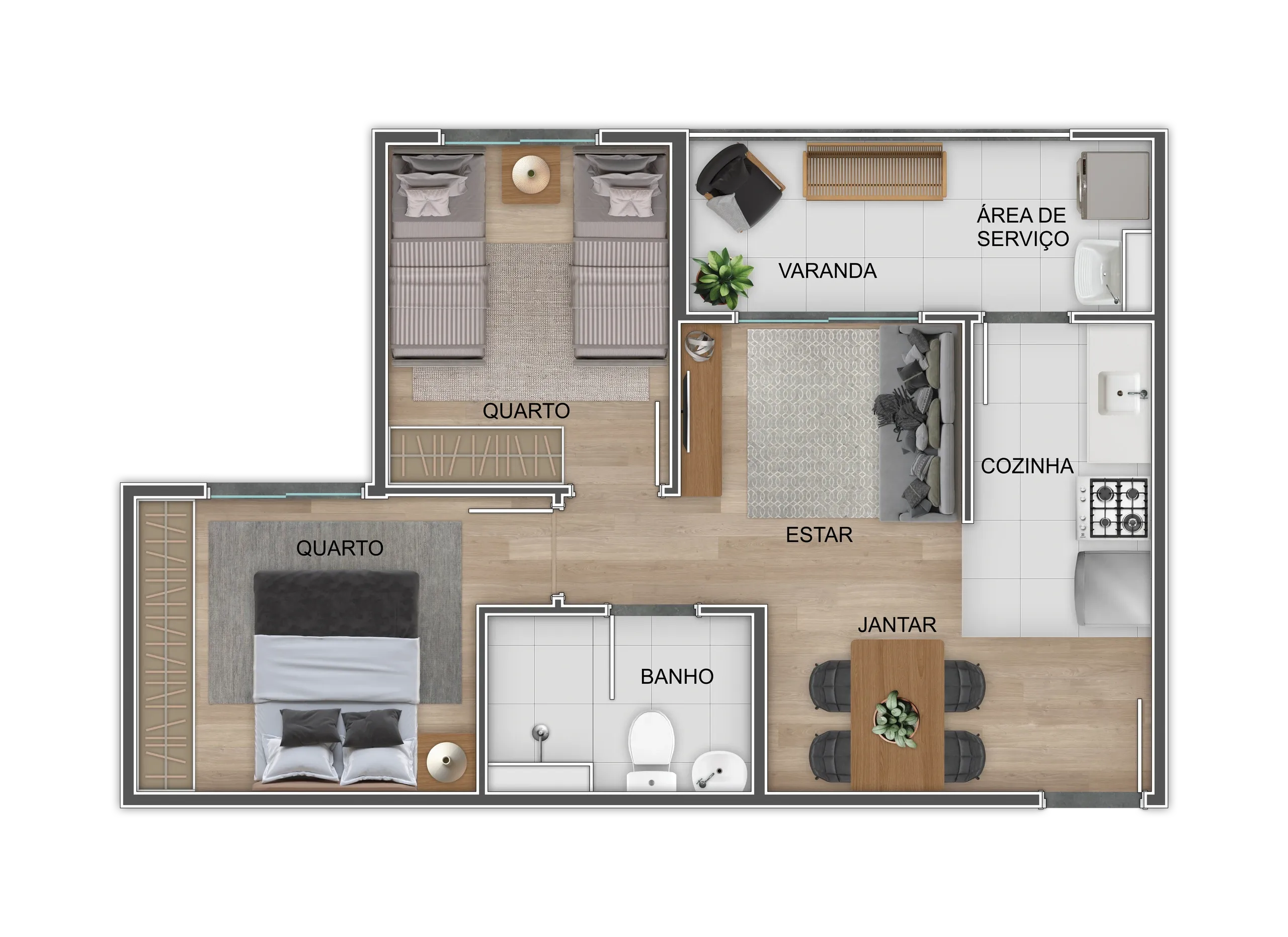 Planta de 2 dormitórios, 45 m², com banho, estar, jantar, cozinha, varanda e área de serviço
