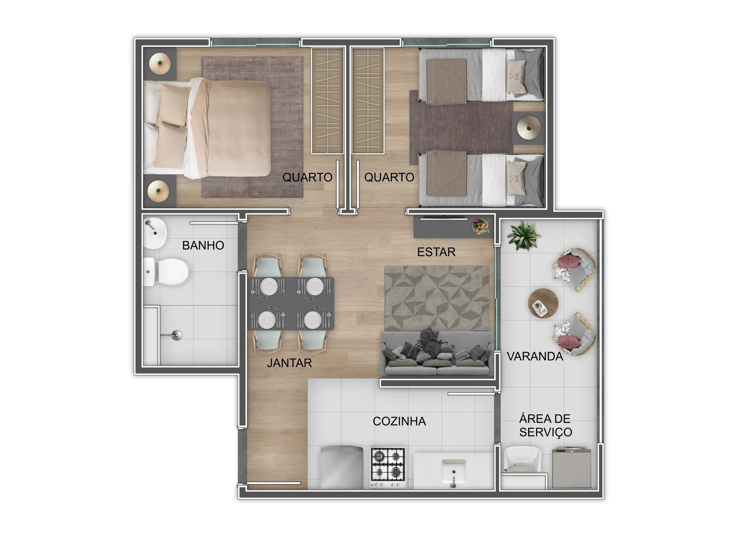 Planta de 2 dormitórios, 42 m², com banho, estar, jantar, cozinha, varanda e área de serviço